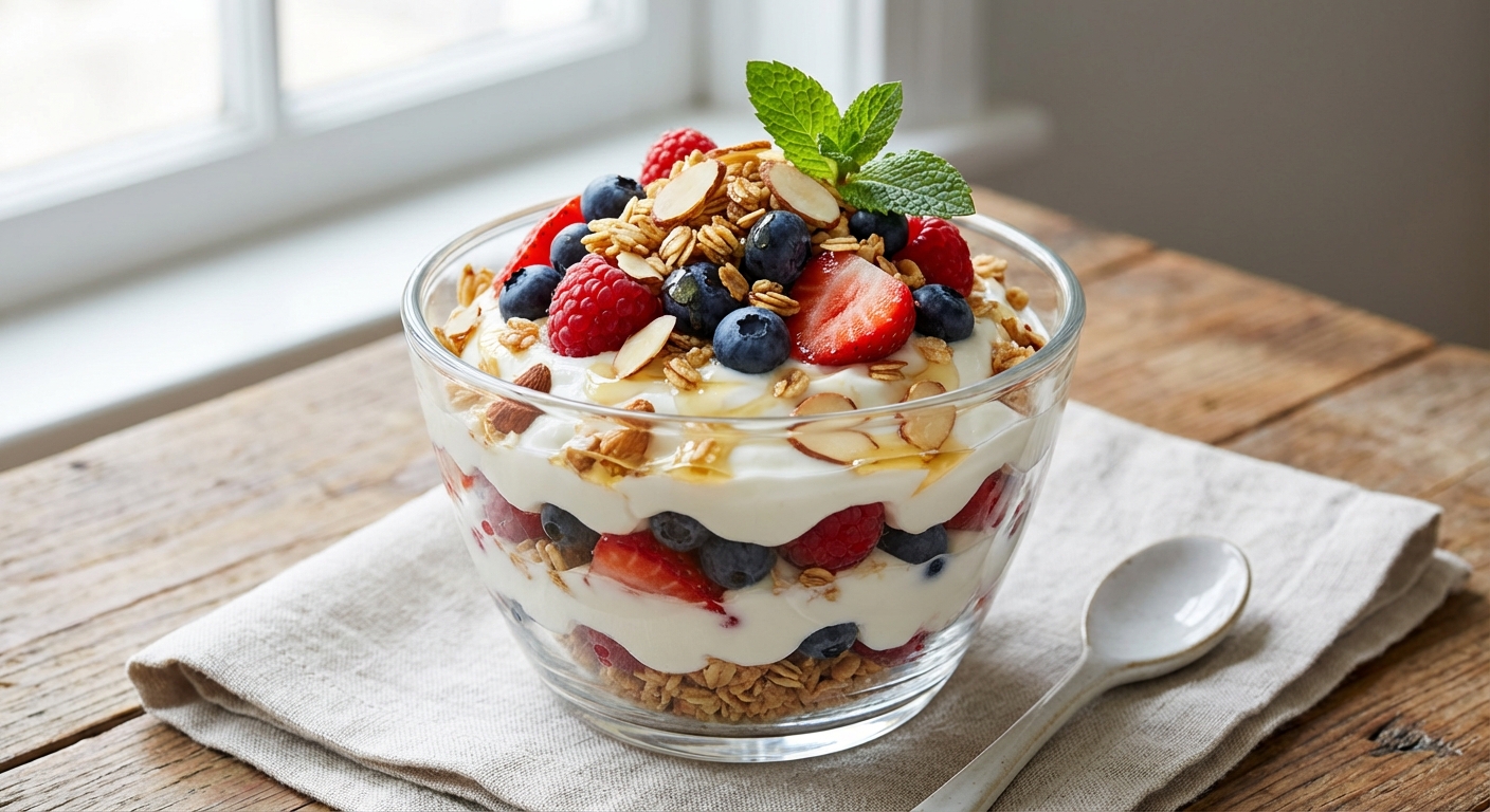 Greek Yogurt Berry Parfait with Granola & Almonds