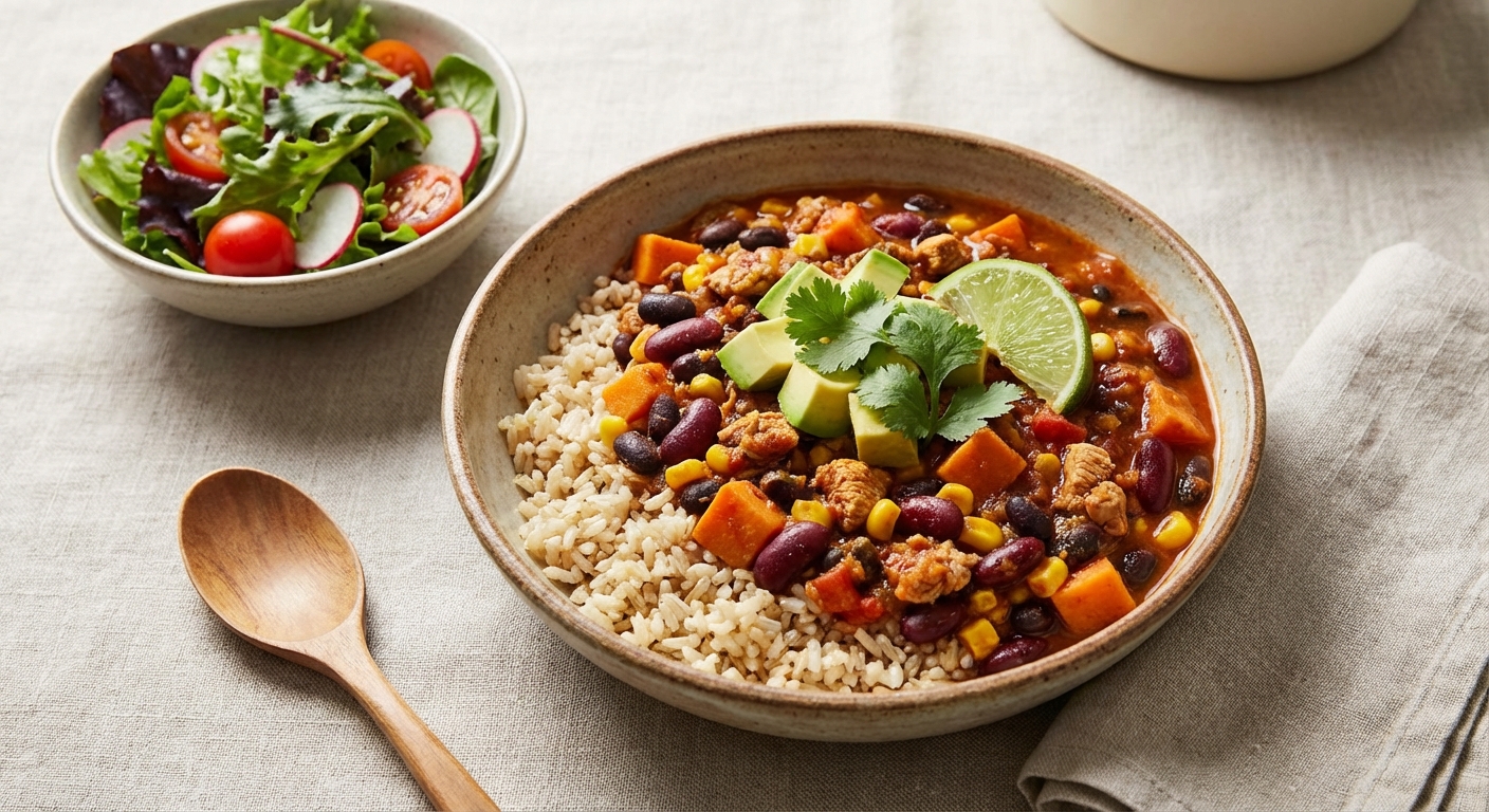 Turkey & Bean Vegetable Chili with Brown Rice and Side Green Salad