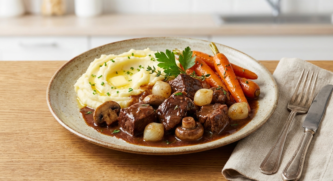 Beef & Mushroom Bourguignon with Creamy Mashed Potatoes and Braised Carrots