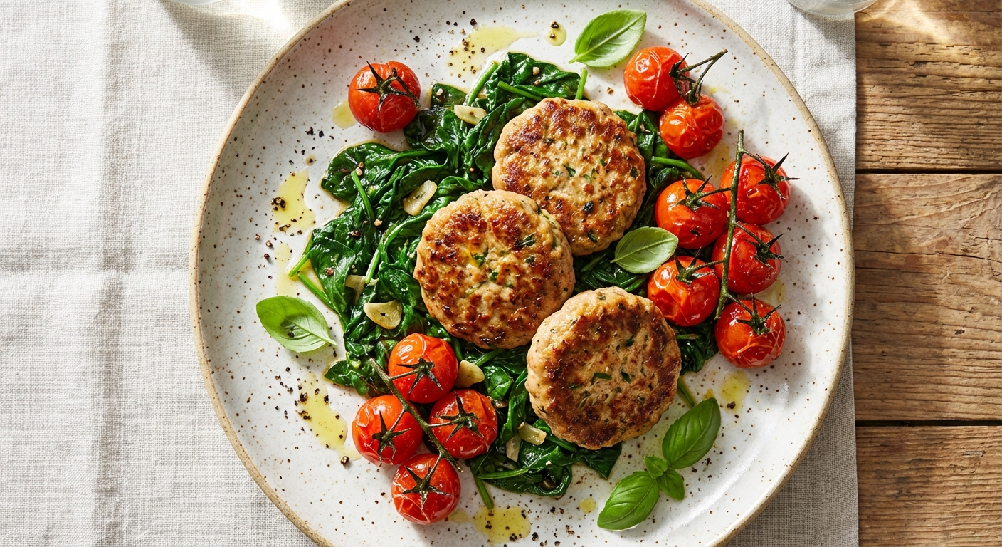 Turkey Sausage Patties with Sautéed Spinach & Roasted Cherry Tomatoes