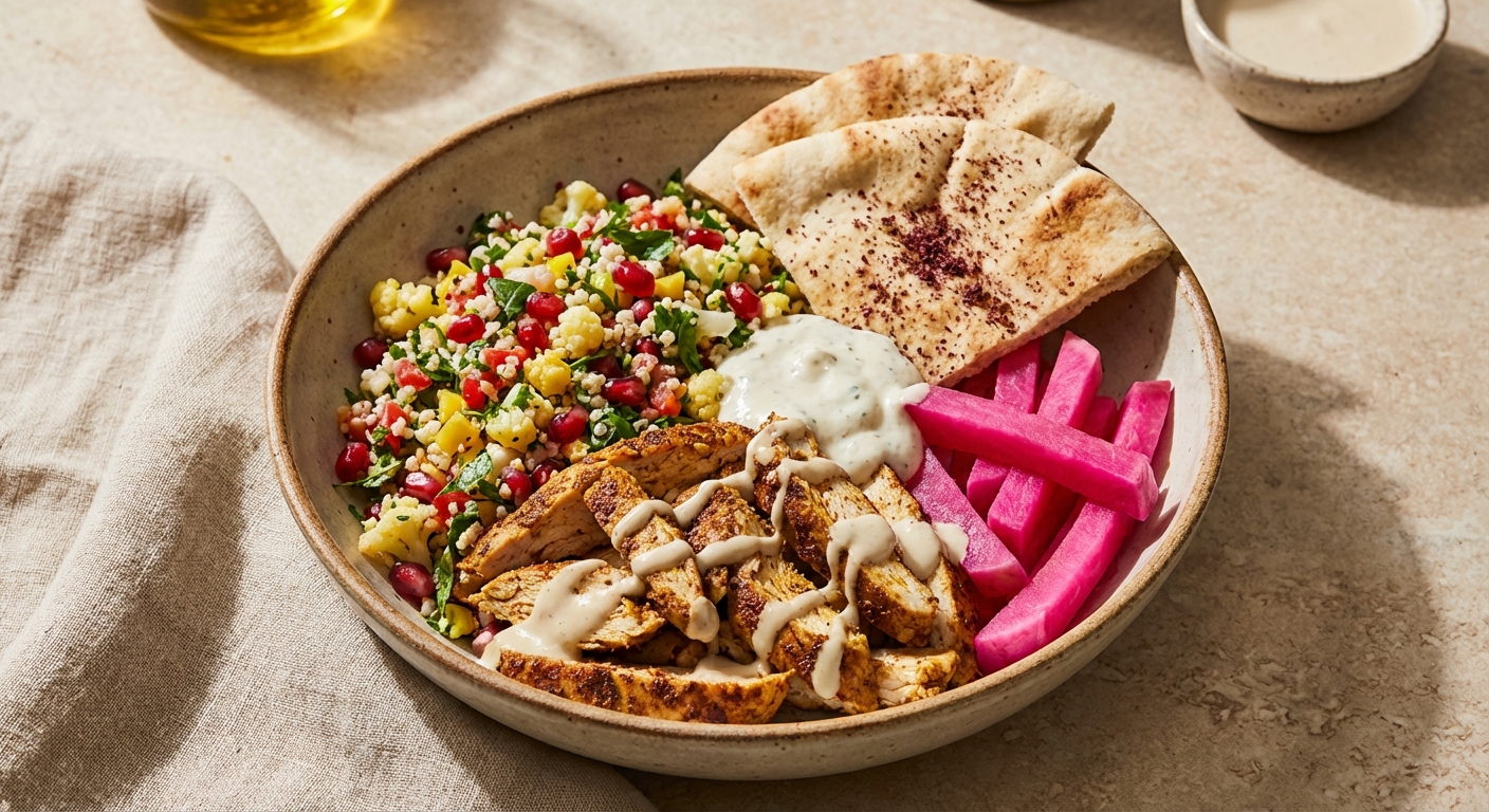 Chicken Shawarma Bowl with Cauliflower Tabbouleh & Pickled Turnips