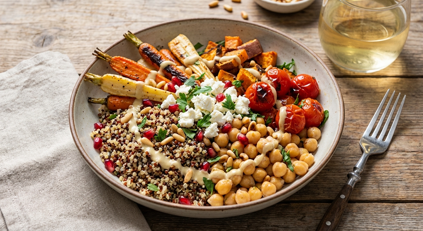 Quinoa & Chickpea Salad with Roasted Vegetables and Feta