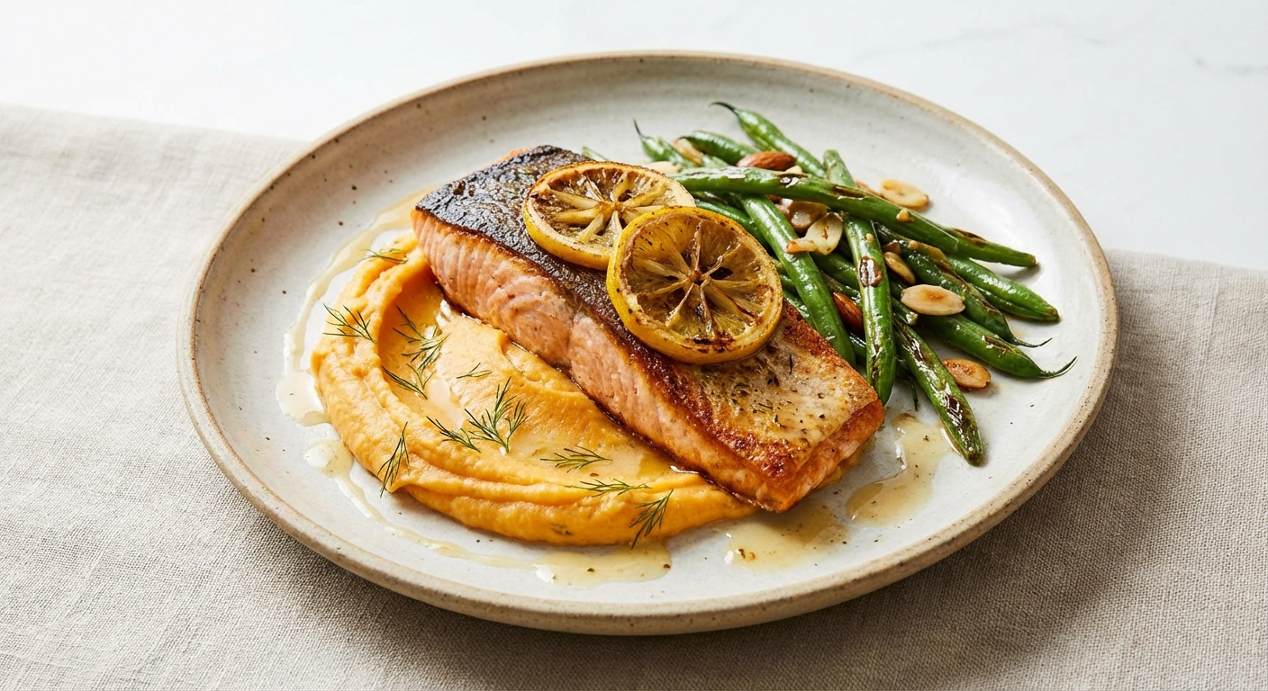 Baked Salmon with Lemon-Scented Sweet Potato Mash & Sautéed Green Beans