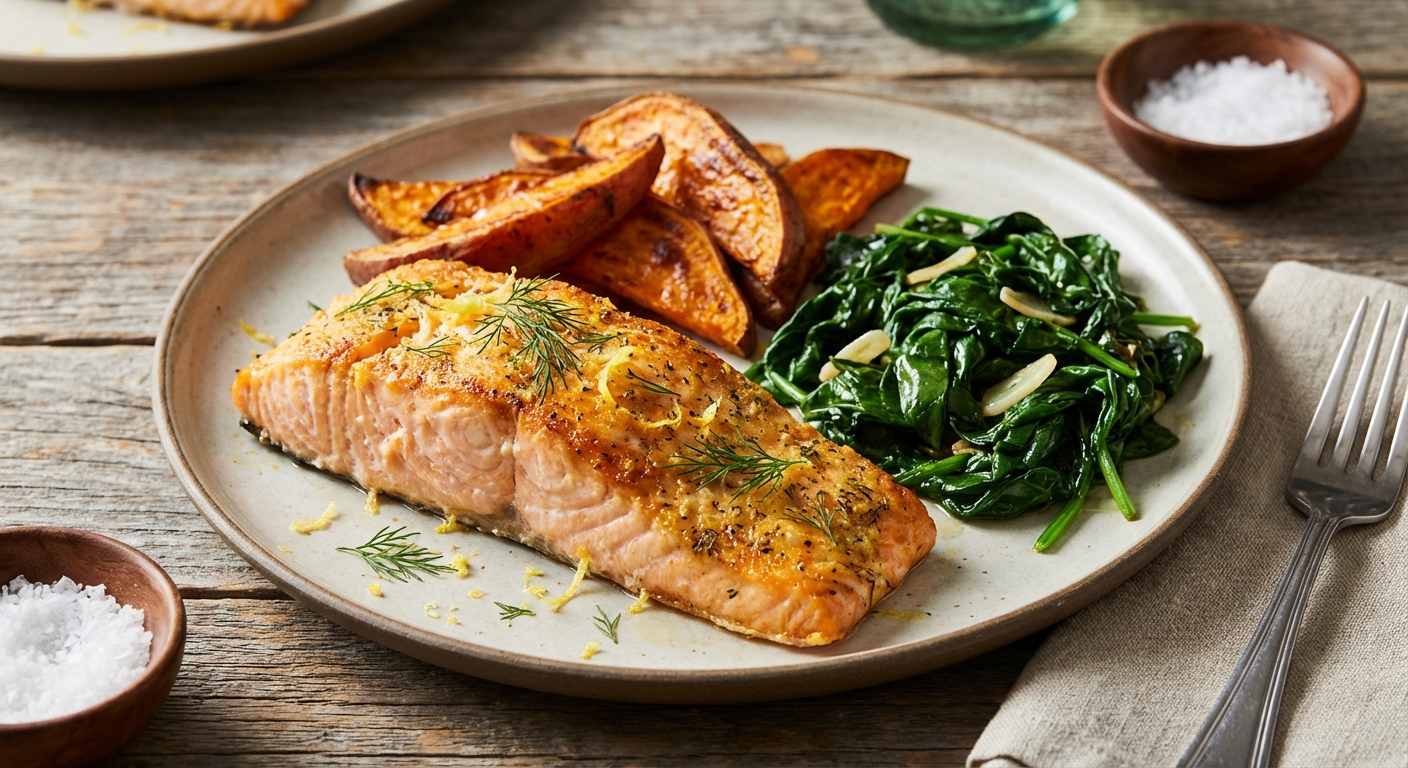 Oven-Baked Salmon with Roasted Sweet Potato & Lemon-Garlic Sautéed Spinach