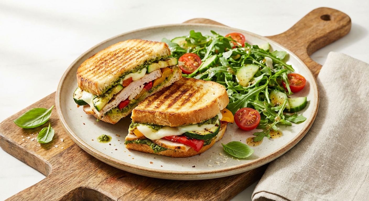 Turkey & Veggie Panini with Pesto and Side Salad