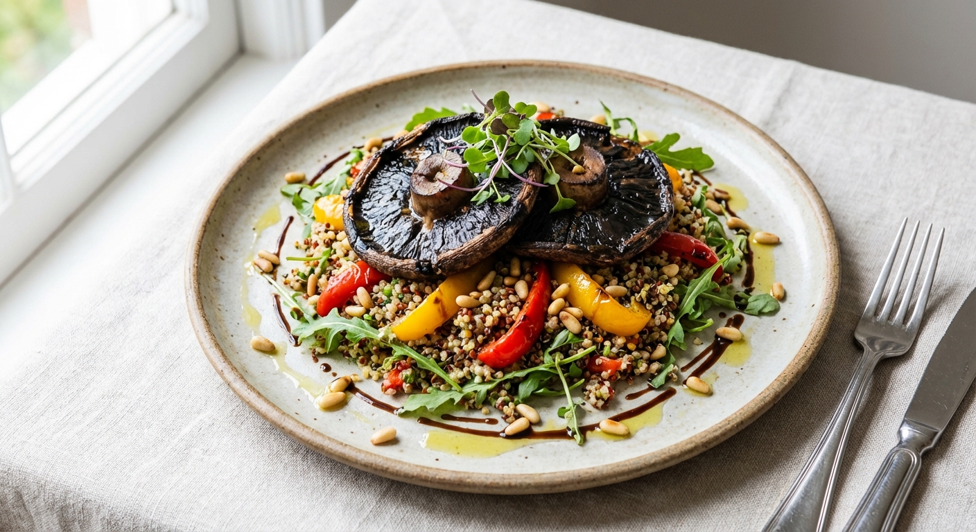 Grilled Portobello & Quinoa Salad with Roasted Peppers and Pine Nuts