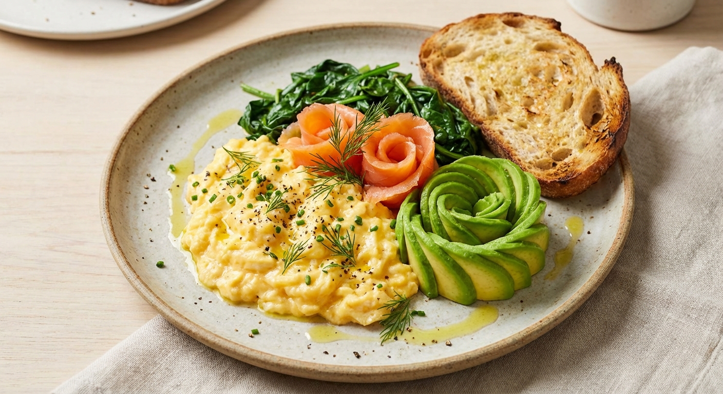 Smoked Salmon & Avocado Scrambled Eggs with Wilted Spinach