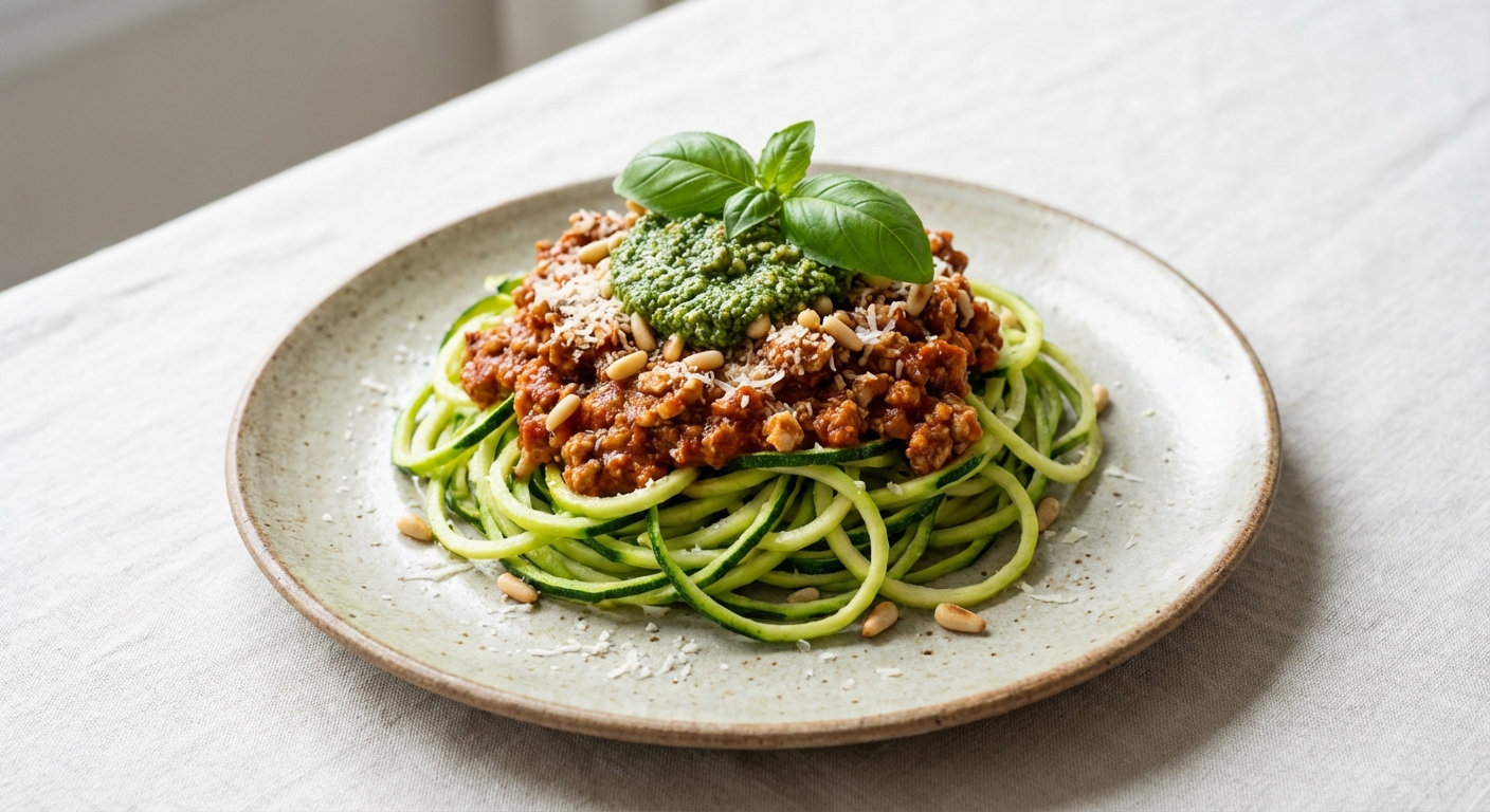 Turkey Bolognese over Zucchini Noodles with Basil-Pine Nut Pesto