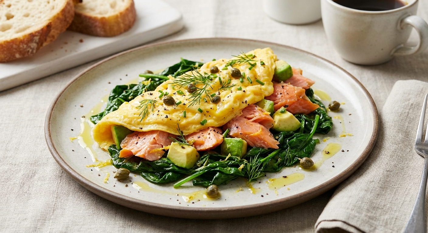 Smoked Salmon & Avocado Scrambled Eggs with Wilted Spinach