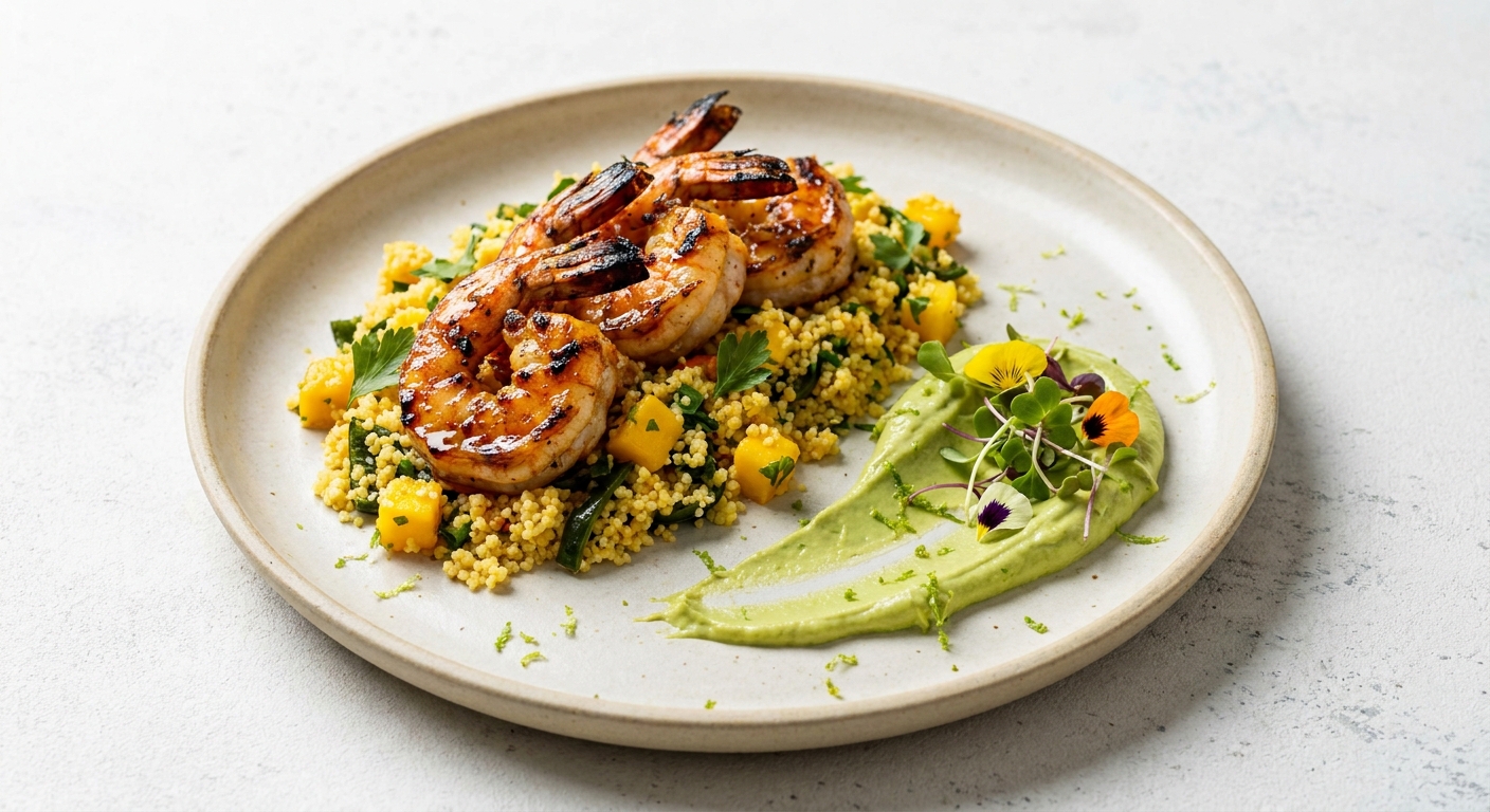 Tequila‑Lime Grilled Shrimp & Mango Couscous with Charred Poblano and Avocado Cream