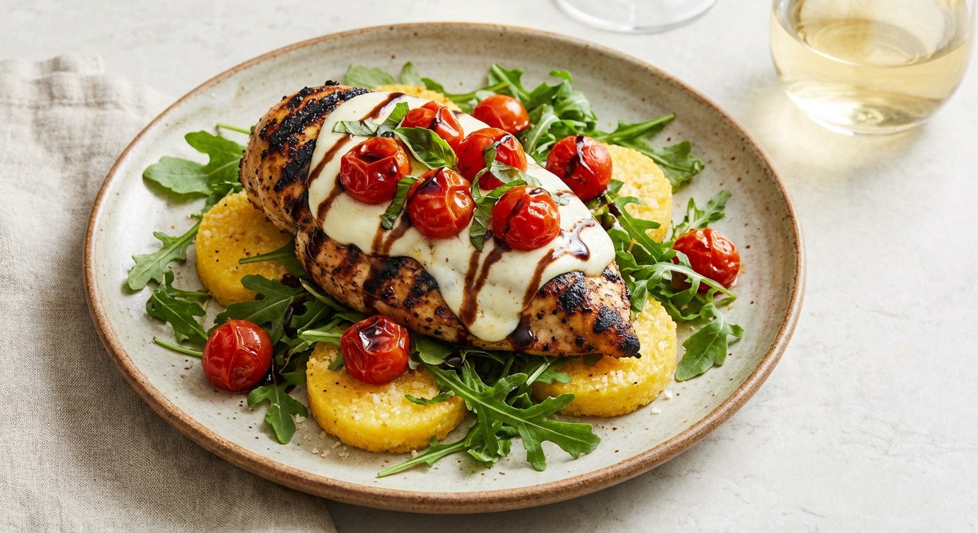 Grilled Chicken Caprese over Arugula with Polenta Rounds