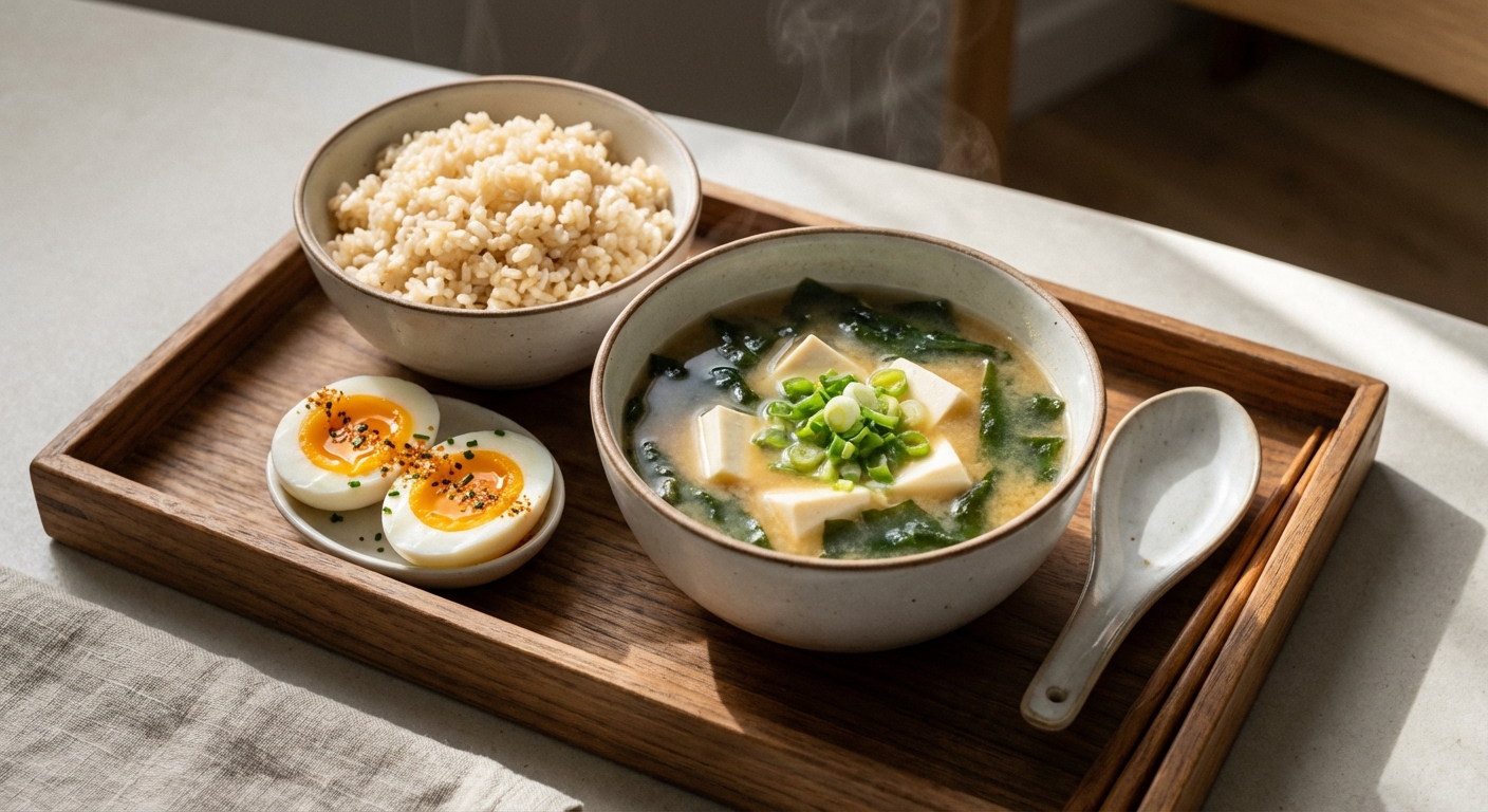 Miso Soup with Tofu, Brown Rice & Soft-Boiled Egg