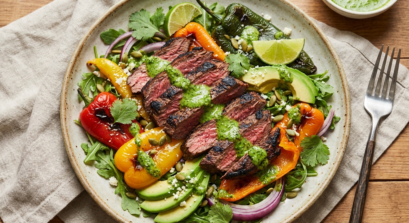 Grilled Skirt Steak & Pepper Salad with Avocado and Cilantro‑Lime Dressing
