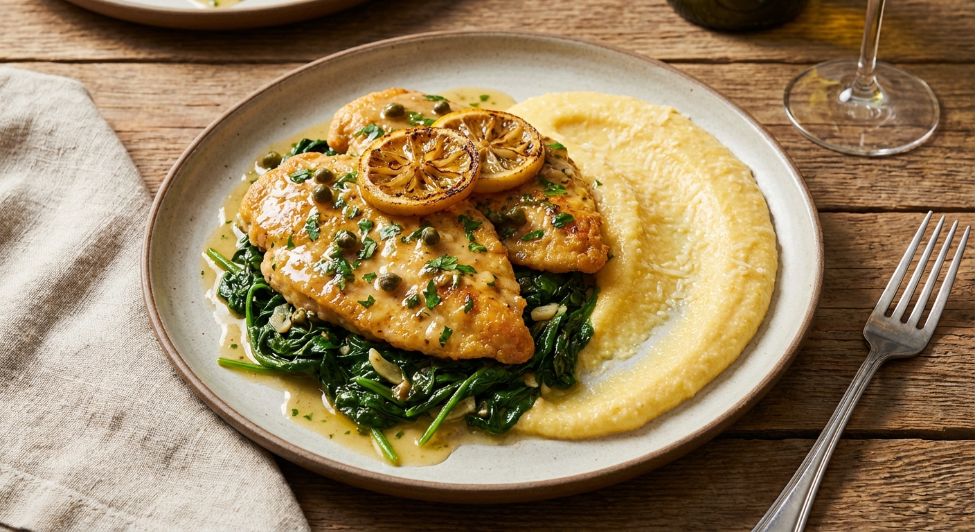 Chicken Piccata with Sautéed Spinach & Polenta