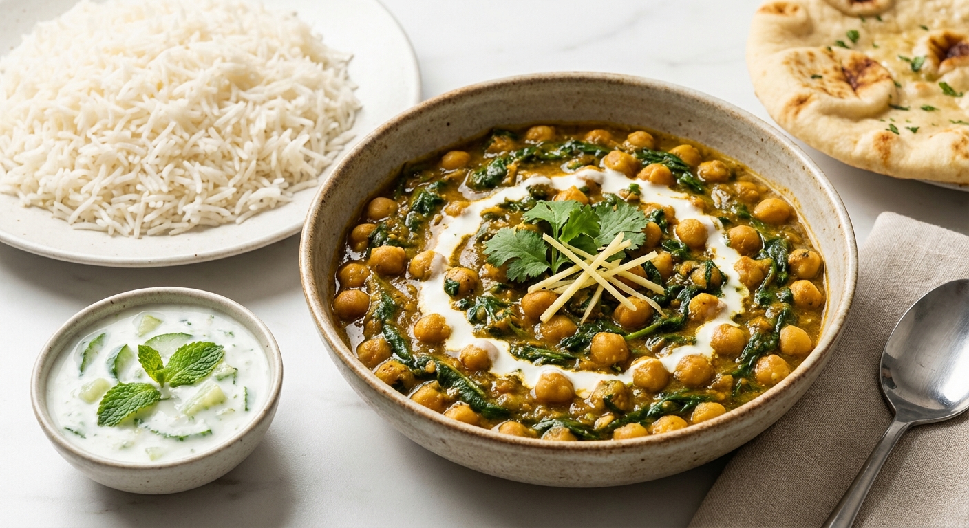 Chana Saag (Chickpea & Spinach Curry) with Basmati Rice & Cucumber Raita