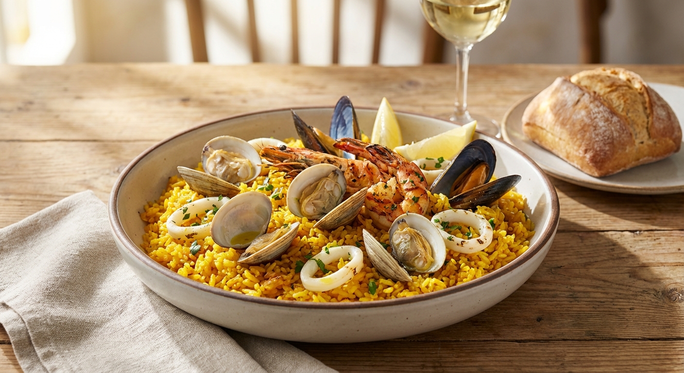 Seafood Paella with Clams, Mussels & Saffron Rice