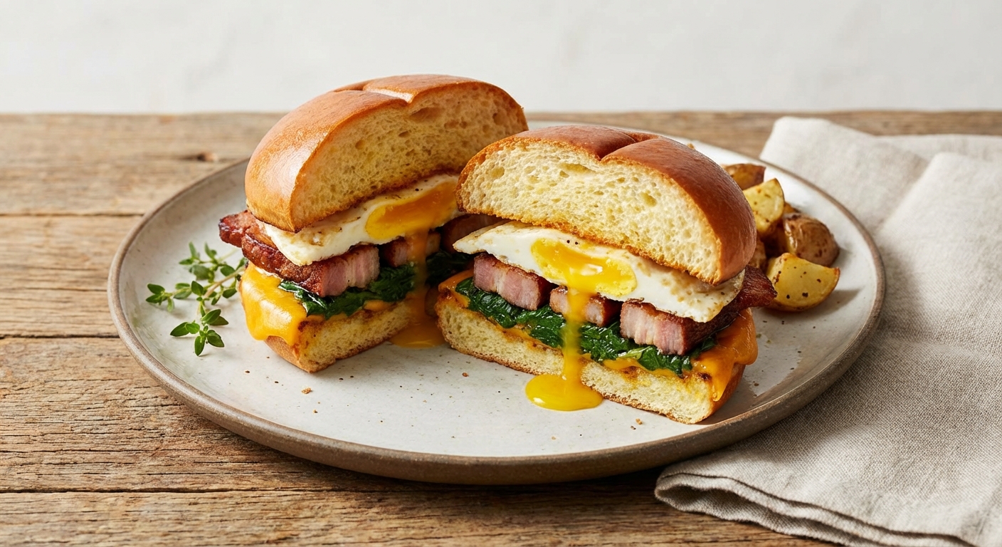 Cheddar Bacon and Spinach Breakfast Sandwiches