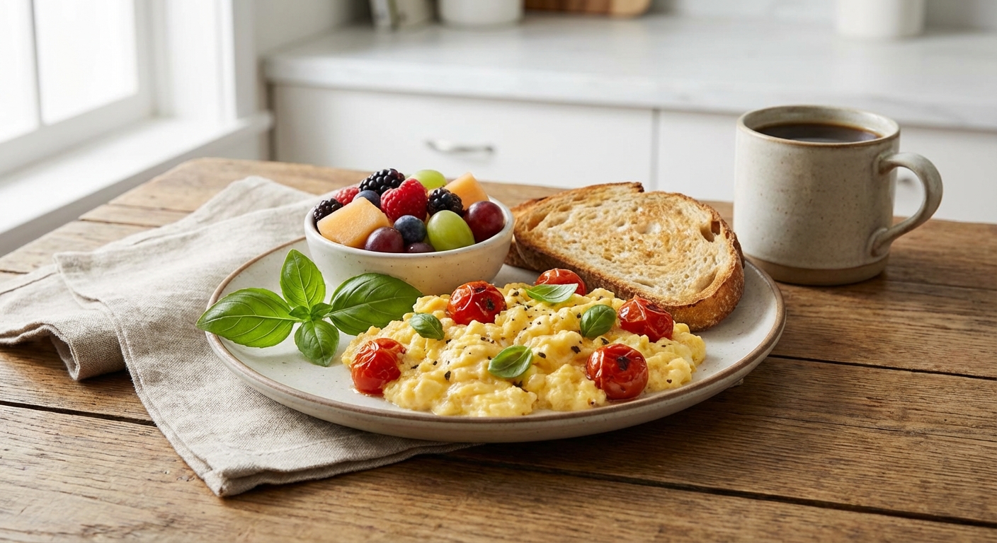 Scrambled Eggs with Tomato, Basil and a Side of Mixed Fruit