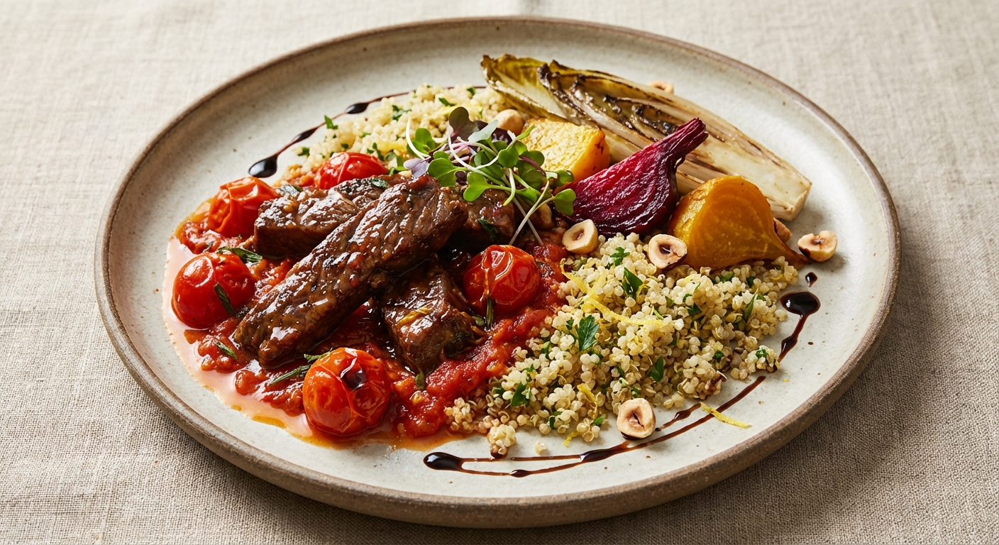 Cumin-Braised Beef Strips with Cherry Tomato Ragù over Lemon-Herb Quinoa and Roasted Beet & Chicory