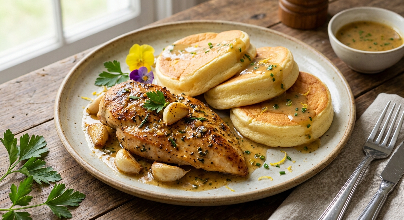 Garlic Butter Chicken with Fluffy Egg Pancakes