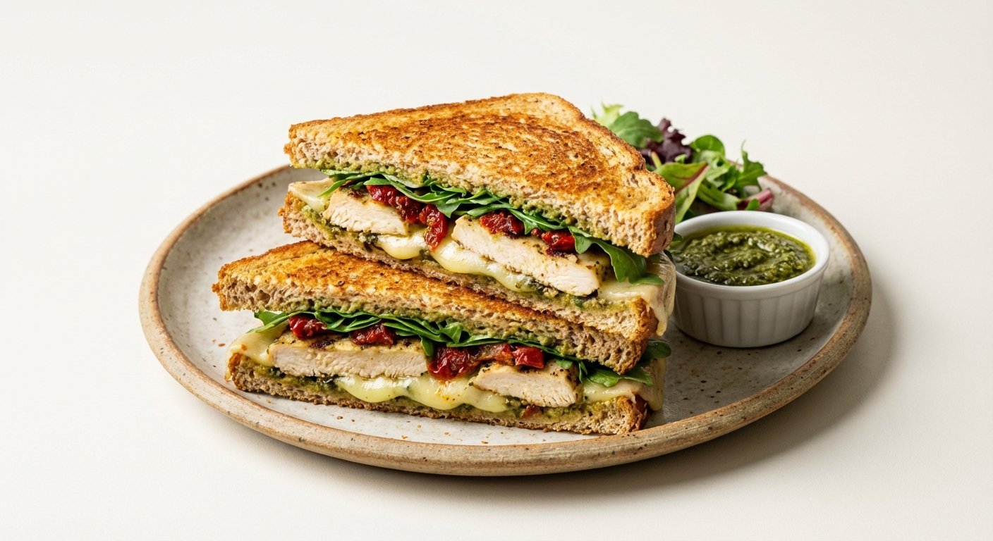 Pesto Chicken Whole-Grain Panini with Arugula & Tomato