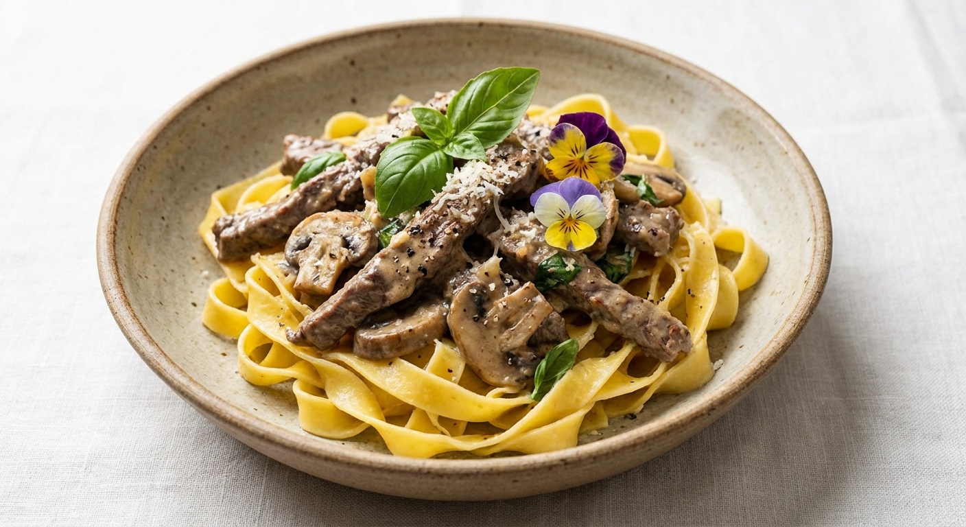 Quick Garlic–Basil Beef Stroganoff over Fresh Tagliatelle