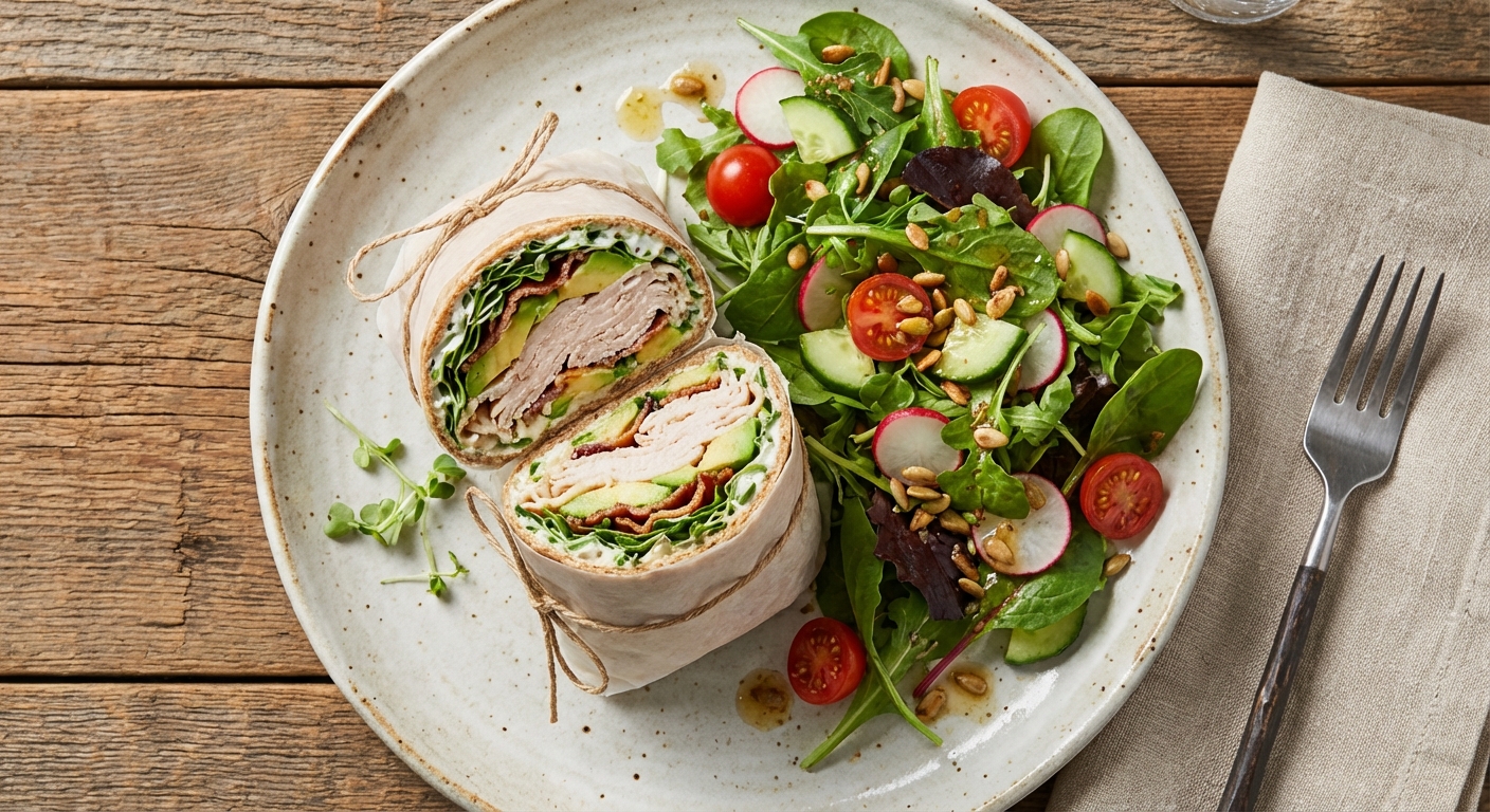 Turkey & Avocado Whole-Wheat Wrap with Mixed Green Salad