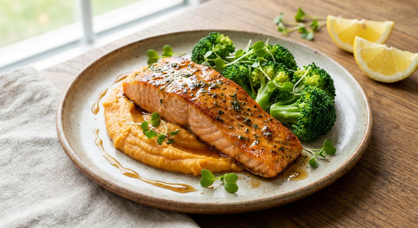 Baked Salmon with Sweet Potato Mash & Steamed Broccoli