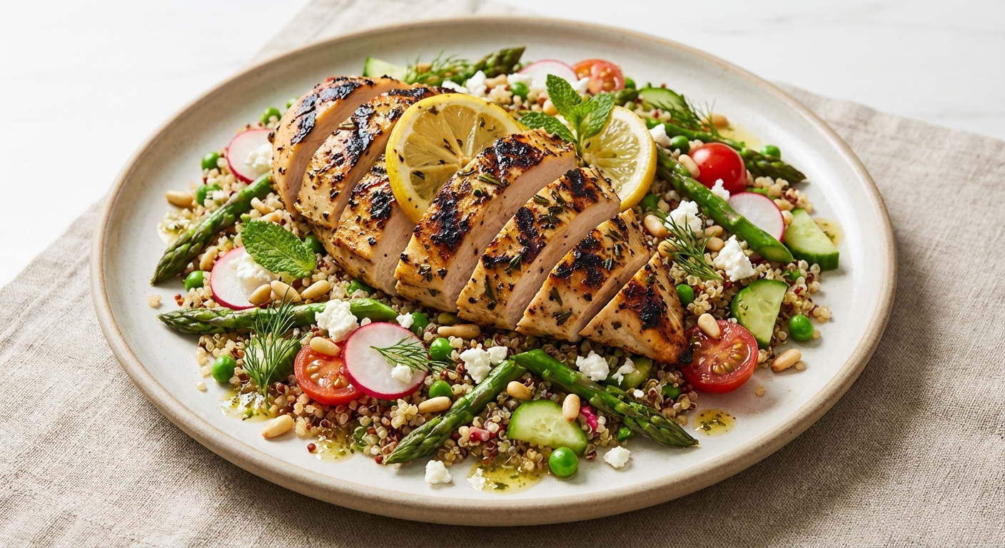 Grilled Lemon‑Herb Chicken over Spring Vegetable Quinoa Salad