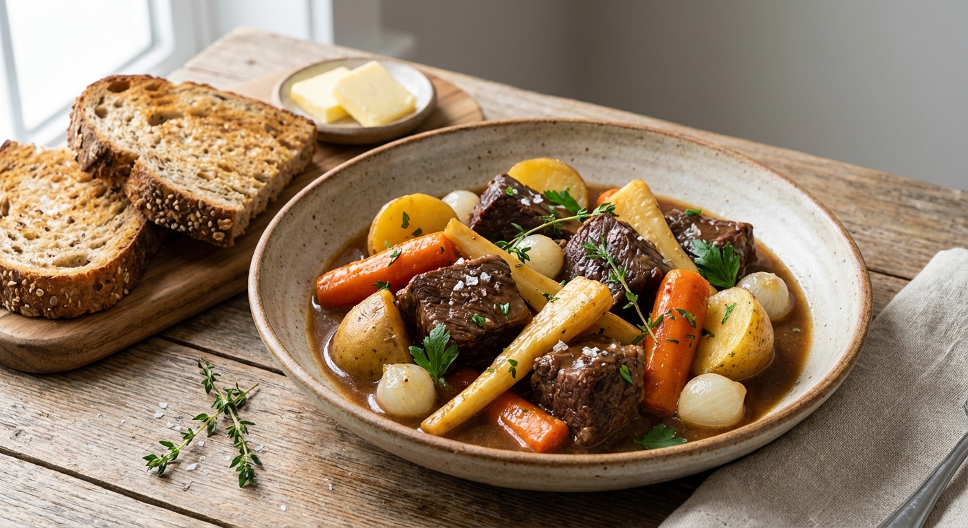 Beef & Root Vegetable Stew with Whole-Grain Bread