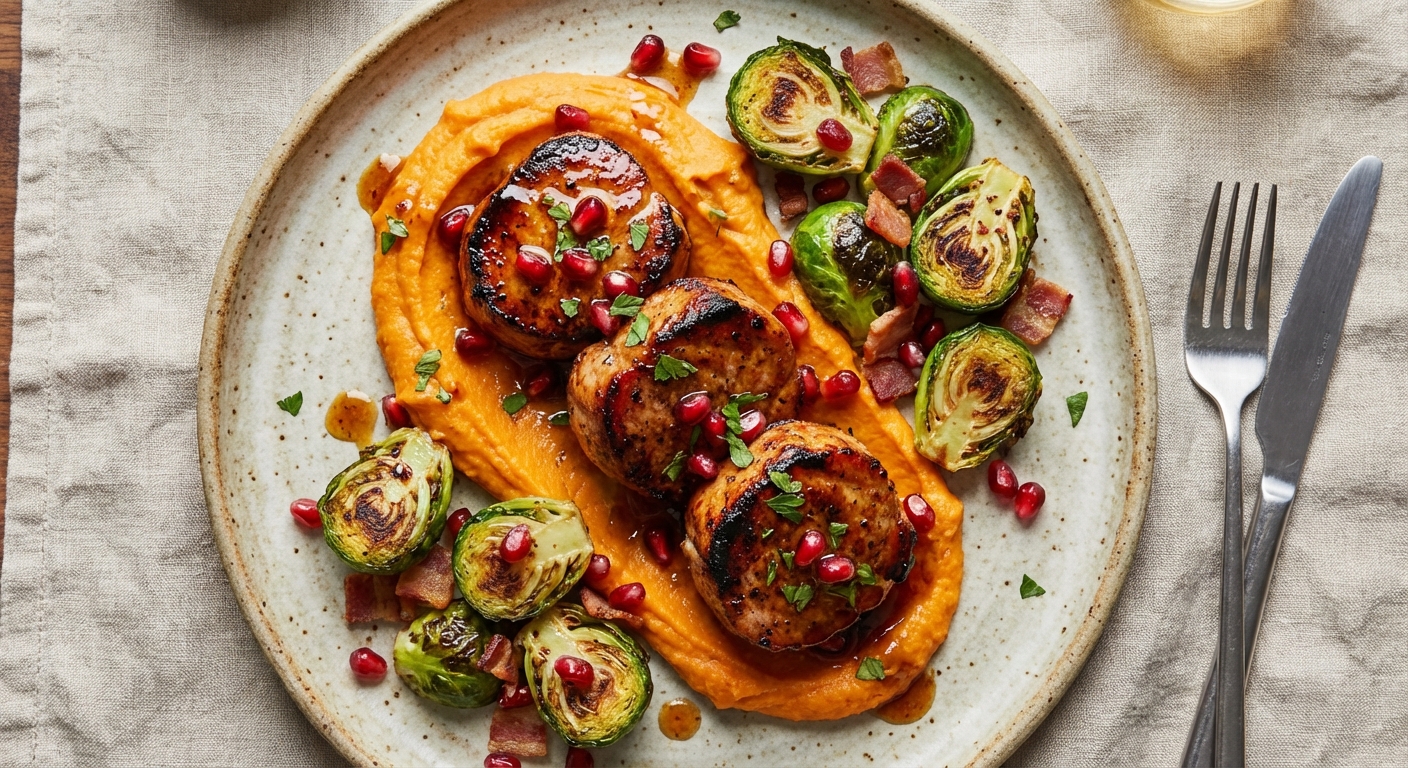 Chipotle-Honey Glazed Pork Medallions with Roasted Brussels Sprouts, Sweet Potato Smash & Pomegranate