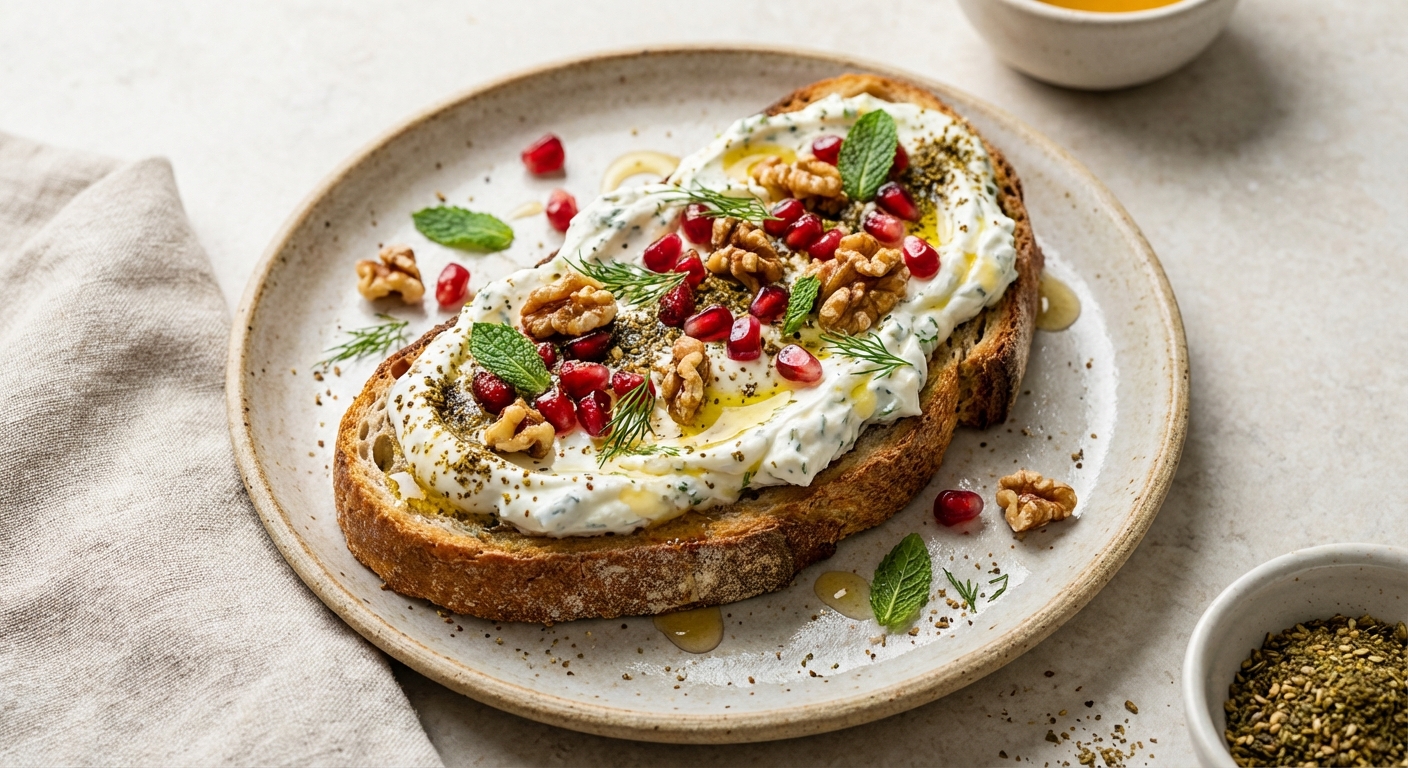 Herbed Labneh Toast with Pomegranate, Za'atar & Toasted Walnuts