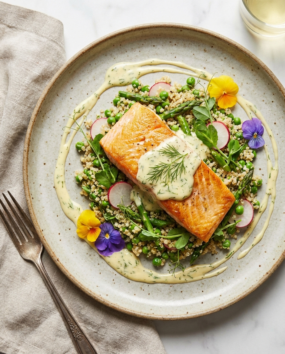 Pan-Seared Lemon-Dill Steelhead Trout with Warm Spring-Pea & Asparagus Quinoa Salad
