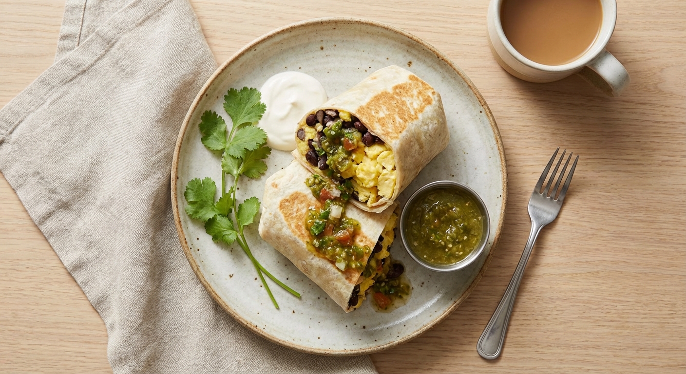 Breakfast Burrito with Eggs, Black Beans & Salsa