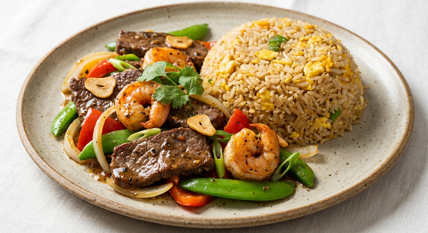 Double-Protein Garlic Pepper Stir‑Fry with Wok-Fried Rice