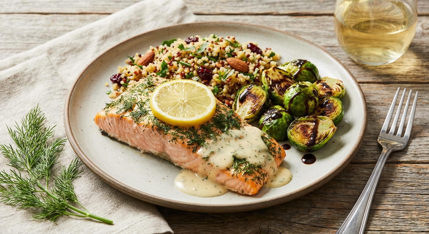 Baked Lemon-Dill Salmon with Quinoa Pilaf & Roasted Brussels Sprouts