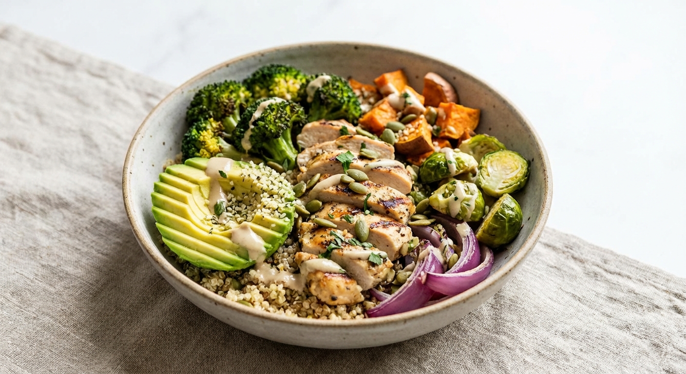 Chicken & Quinoa Power Bowl with Roasted Veggies and Avocado