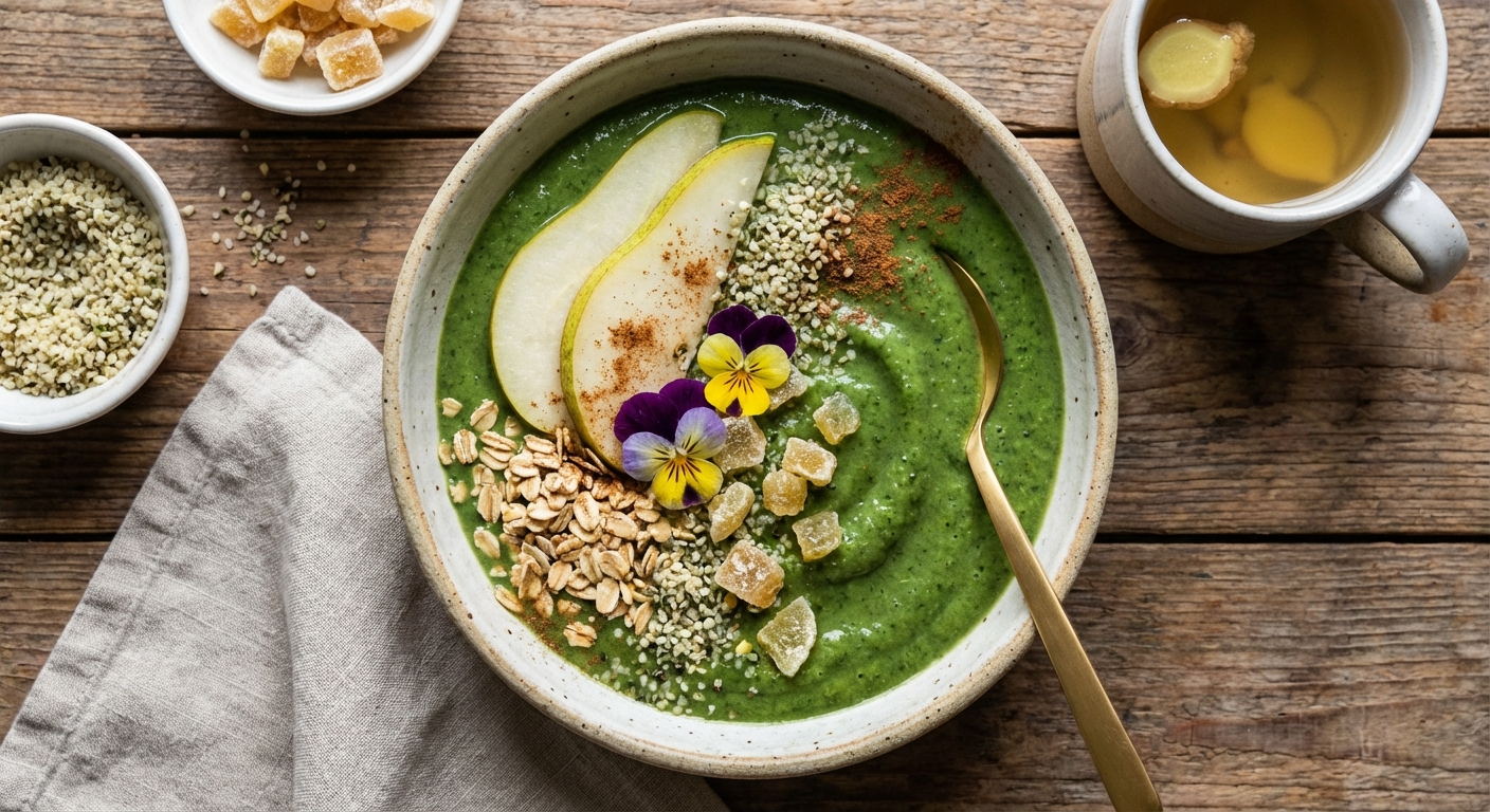 Winter Kale & Pear Smoothie Bowl with Hemp, Ginger & Toasted Oats