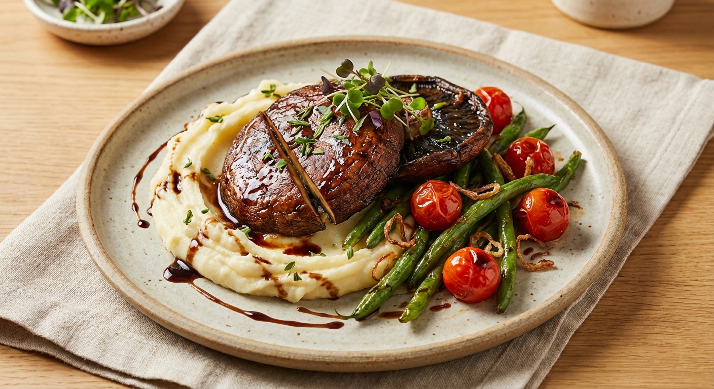 Portobello Steaks with Garlic Mashed Potatoes & Roasted Green Beans