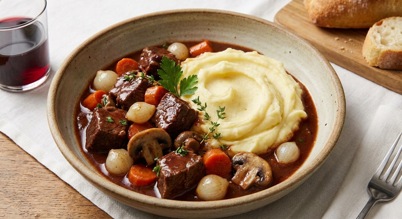 Beef & Mushroom Bourguignon with Creamy Mashed Potatoes