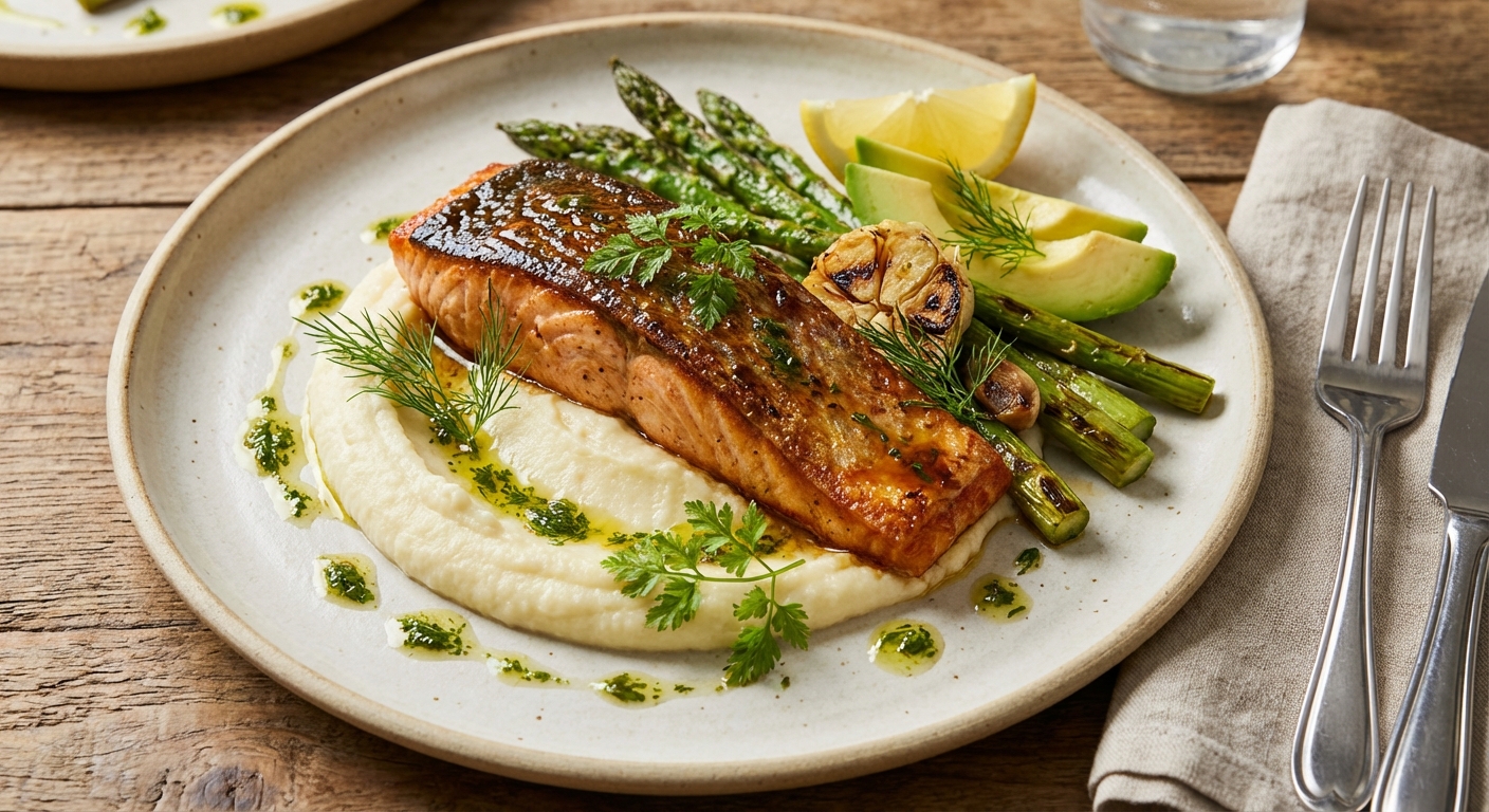 Pan-Seared Salmon with Cauliflower Mash and Garlic-Roasted Asparagus (with Avocado)