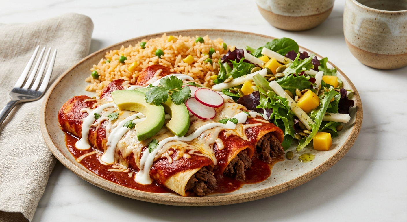Beef Enchiladas with Mexican Rice and Side Salad
