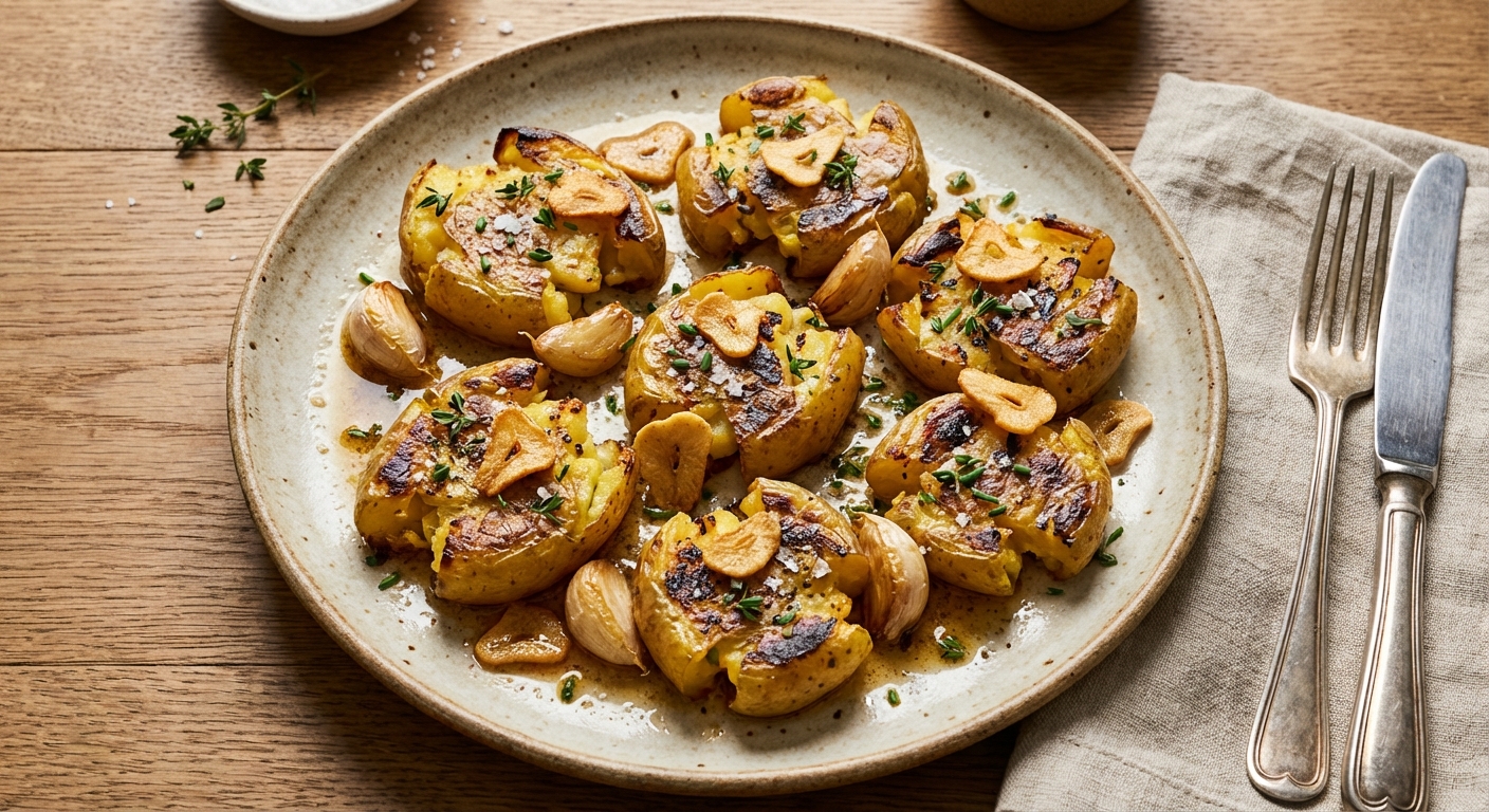Roasted Garlic Smashed Potatoes with Brown Butter & Crispy Garlic - Delicious Homemade Recipe
