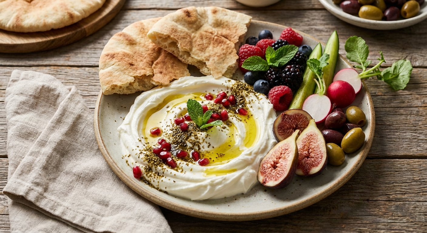 Labneh Breakfast Plate with Warm Pita, Za'atar & Fresh Fruit