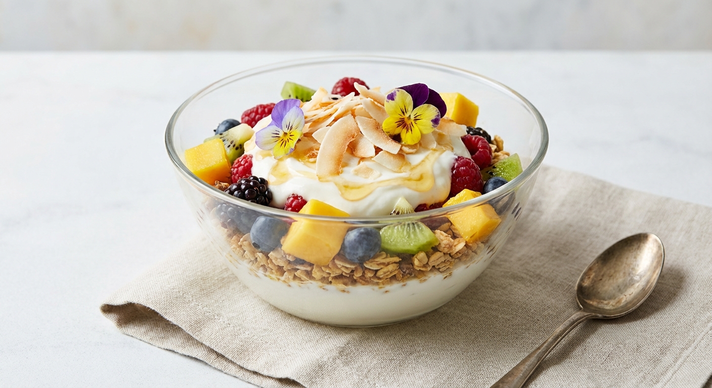 Coconut Yogurt Parfait with Gluten-Free Muesli & Mixed Fruit
