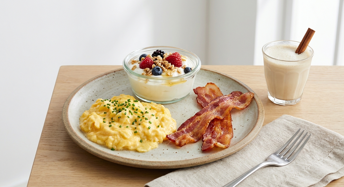 Brunch Plate: Soft Scrambled Eggs, Crispy Bacon & Honeyed Greek Yogurt with Fresh Fruit (with Warm Vanilla Milk) - Delicious Homemade Recipe