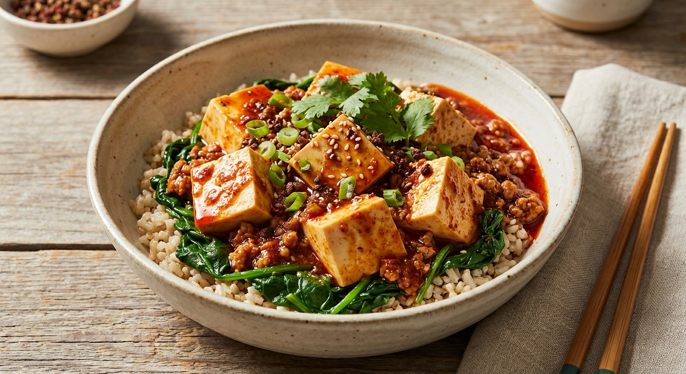 Mapo-Style Silken Tofu Breakfast Bowl with Sautéed Spinach over Brown Rice