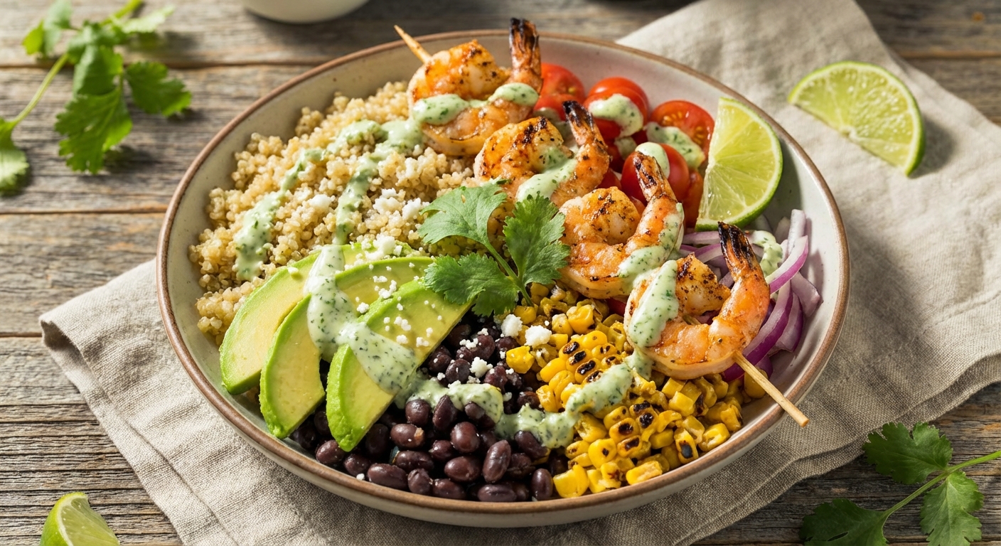 Quinoa, Black Bean & Corn Salad with Grilled Shrimp (Cilantro‑Lime)