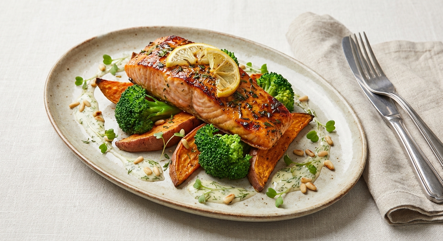 Baked Salmon with Roasted Sweet Potato & Steamed Broccoli