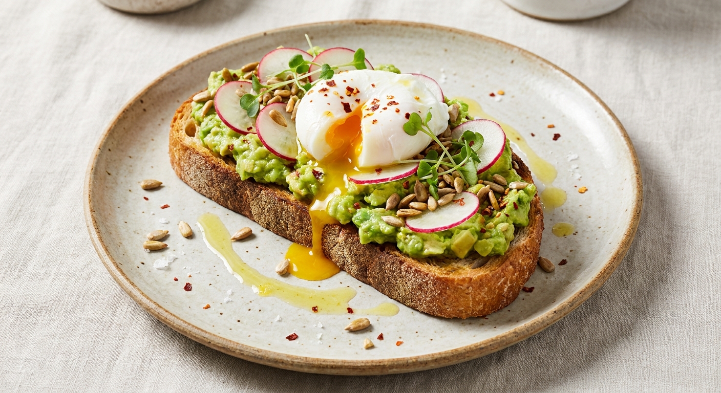 Smashed Avocado Toast with Radish, Toasted Sunflower Seeds & Soft-Poached Egg